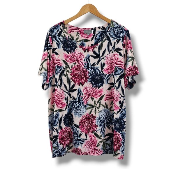 JM Collection Floral Top Woman 2X Short Sleeve Pink Blue Stretch Embellished - Picture 1 of 11